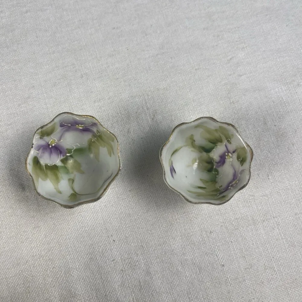 PAIR HAND PAINTED  SALT CELLAR DIPS-LAVENDER FLOWERS - GREEN-GOLD TRIM - FOOTED